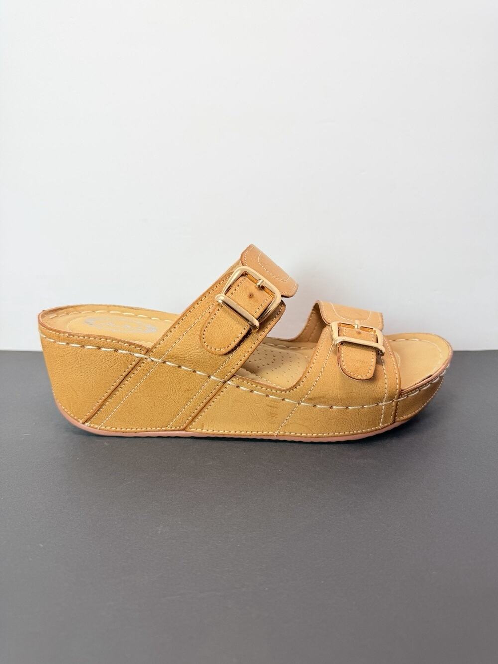 Italina Tan Brown Double Buckle Wedge Slide Sandals Women 41 Platform Comfort